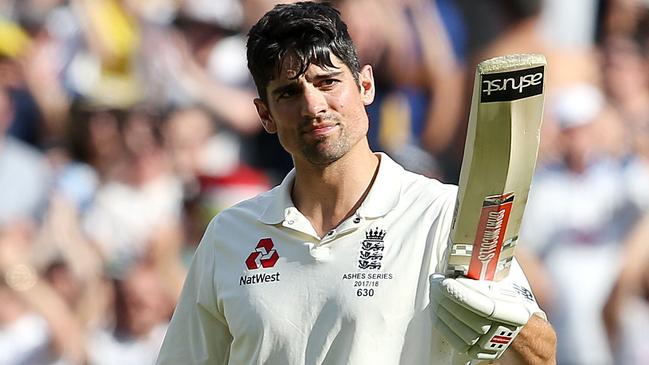 Alastair Cook celebrates his century on day two. Picture: Michael Klein.