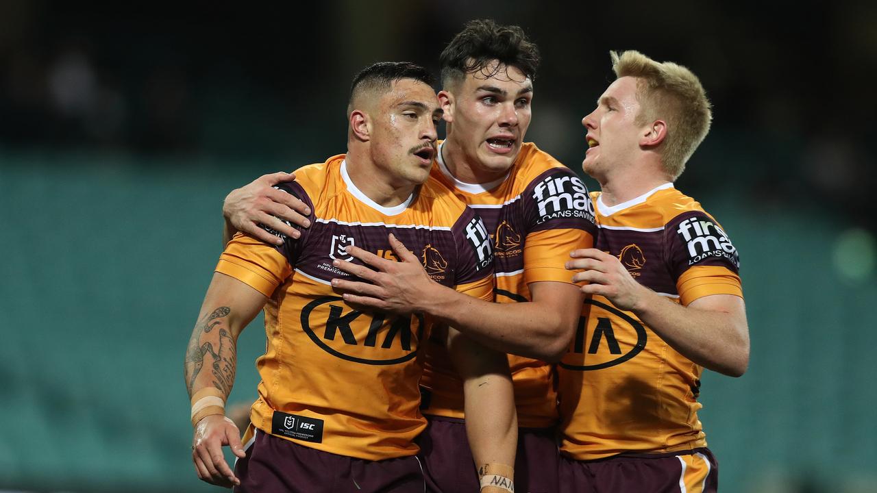 Brisbane's Kotoni Staggs celebrates after scoring a try during the Sydney Roosters v Broncos NRL match at the SCG. Picture: Brett Costello