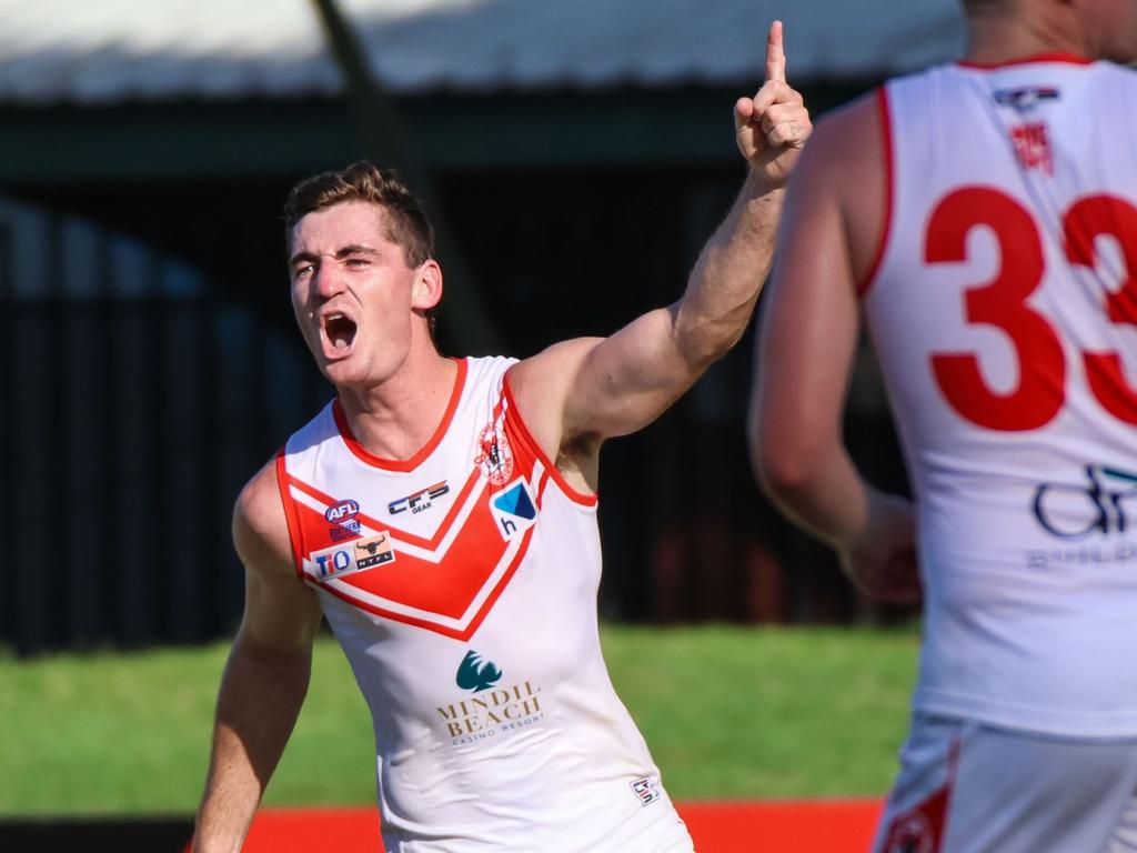 Scott Carlin celebrates a goal for Waratah in the 2022-23 NTFL season. Picture: Celina Whan / AFLNT Media