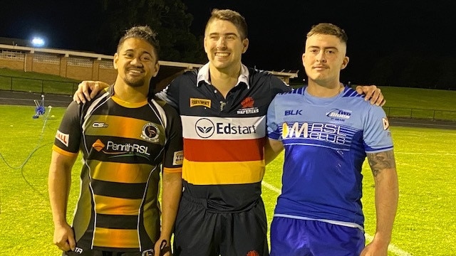 Penrith captain Delahoya Manu and Two Blues Player Michael Zakhia met with their old teacher Colm McCaughan in the game.