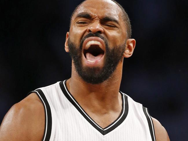 Brooklyn Nets guard Alan Anderson (6) reacts after making a basket in the second half of Game 4 of a first round NBA playoff basketball game against the Atlanta Hawks, Monday, April 27, 2015, in New York. The Nets defeated the Hawks 120-115 in overtime to even their series at 2-2. (AP Photo/Kathy Willens)