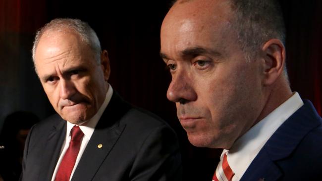 Departing NAB chair Ken Henry and departing chief executive Andrew Thorburn. Picture: David Geraghty 