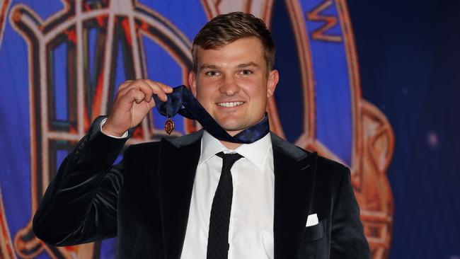 PERTH, AUSTRALIA - SEPTEMBER 19: 2021 Brownlow Medallist Ollie Wines of the Power poses for a photograph during the 2021 Brownlow Medal Count at Optus Stadium on September 19, 2021 in Perth, Australia. (Photo by Michael Willson/AFL Photos via Getty Images)