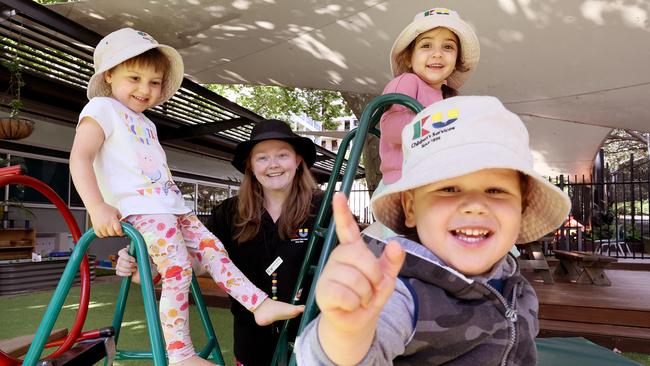 KU Phillip Park Children's Centre in East Sydney is exceeding standards under the latest ratings. Centre director Naomi Halliday with (from left) Paige, 3, Zara, 2, and Maximus, 2. Picture: Toby Zerna