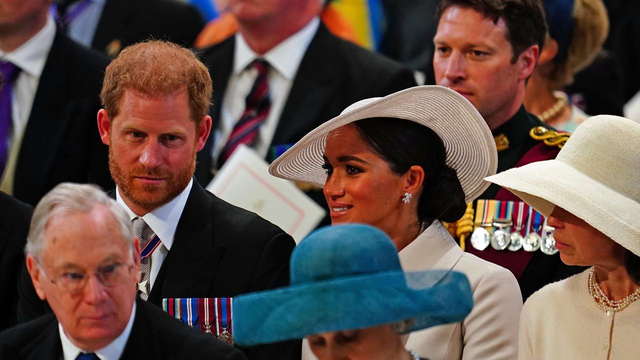 Harry and Meghan attend the Service of Thanksgiving at St Paul’s – with the Duke of Gloucester shown in the row in front of them. Picture: Aaron Chown/WPA Pool/Getty