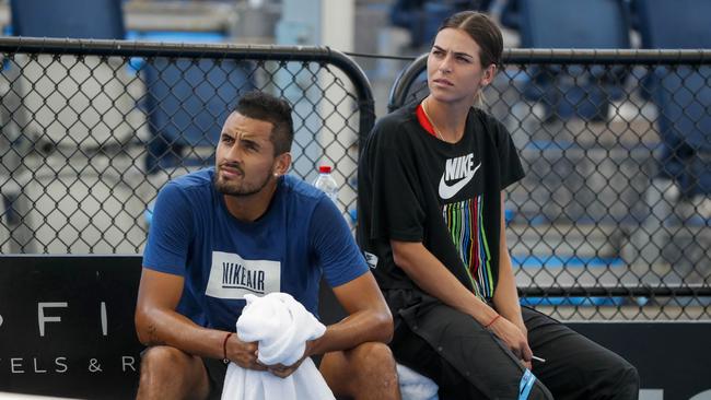 Nick Kyrgios and girlfriend Ajla Tomljanovic during a practice session in Brisbane.