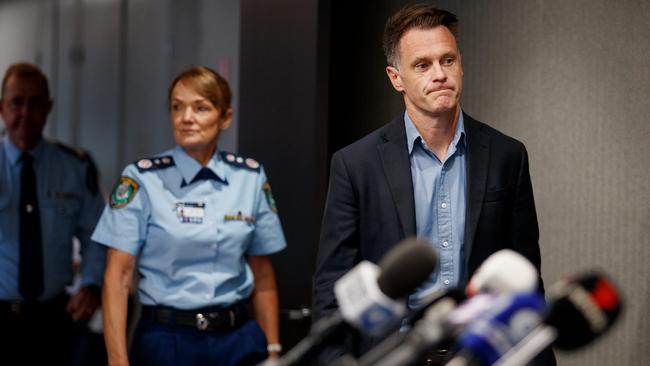 NSW Police Commissioner Karen Webb, left, and Premier Chris Minns arrive in Sydney to front the media. Picture: Nikki Short.