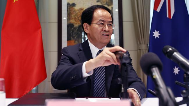 Chinese Ambassador Cheng Jingye speaks to journalists at a press conference at the Chinese embassy in Canberra yesterday. Picture: NCA NewsWire / Gary Ramage