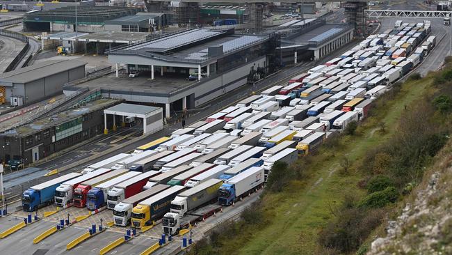 Freight lorries are seen queuing as they wait to enter the port of Dover on the south coast of England before boarding a ferry to Europe, as Brexit stockpiling increases demand. Picture: AFP