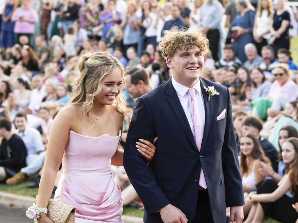 Graduates Alannah Brosnan and Oscar Spies arrive at Mary MacKillop Catholic College formal at Highfields Cultural Centre, Thursday, November 14, 2024. Picture: Kevin Farmer