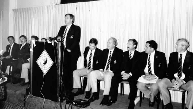 The Port Adelaide board, as president Bruce Weber addresses the media, (from left) John Cahill, Greg Boulton, Ross Haslam, Dave Boyd, John Firth (solicitor), Bruce Weber, Robert Hoey, David Judd, Jim Nitschke, Geoff Monteleone and Bob Clayton. Picture: Ray Titus