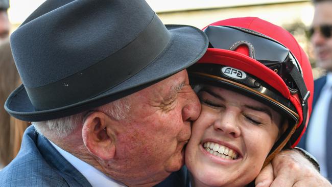 Trainer Leon Macdonald and Clark after she rode Dalasan to victory in the Danehill Stakes at Flemington in 2019.