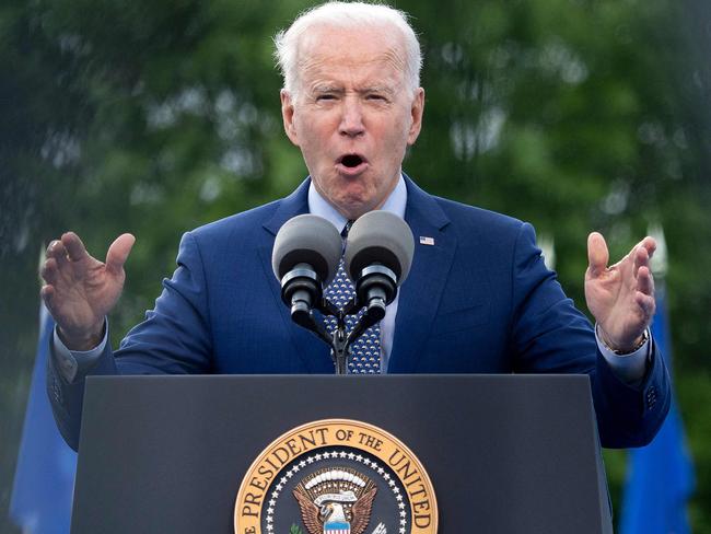 US President Joe Biden speaks during a drive-in rally at Infinite Energy Center April 29, 2021, in Duluth, Georgia. (Photo by Brendan Smialowski / AFP)