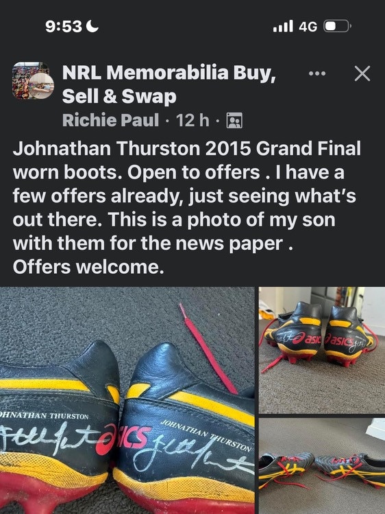 Johnathan Thurston's 2015 grand final boots are up for sale on Facebook.