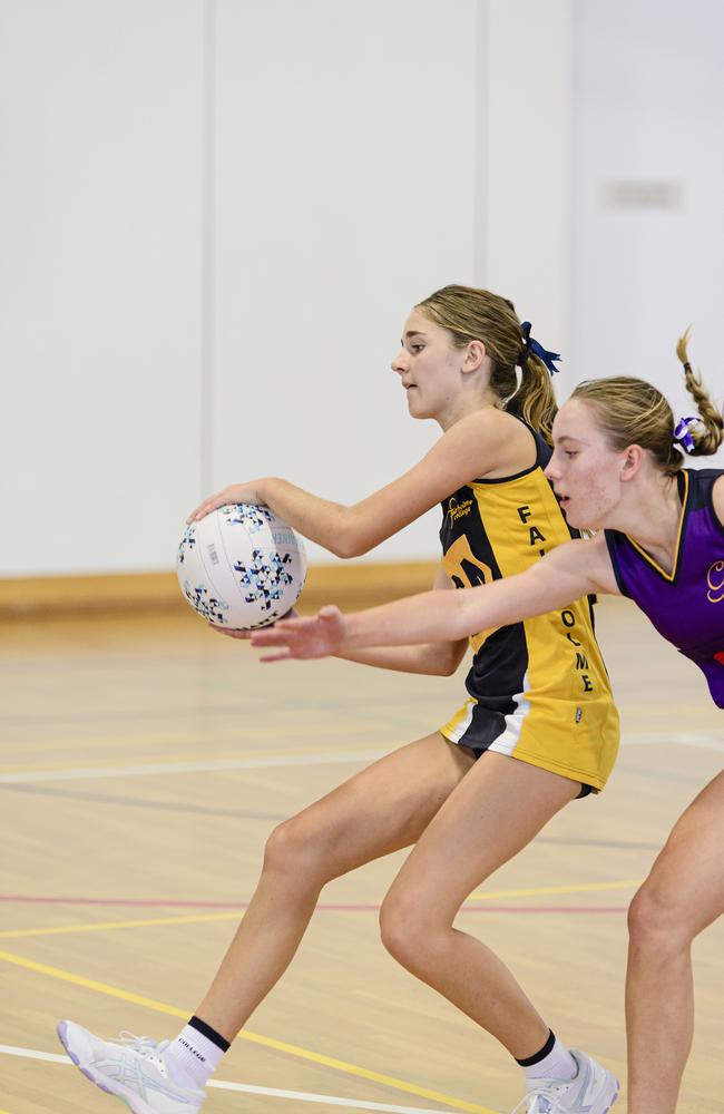 Tayla Burrow (left) of Fairholme and Emily Davidson of Glennie in the Laura Geitz Cup netball carnival at The Glennie School, Sunday, March 16, 2025. Picture: Kevin Farmer