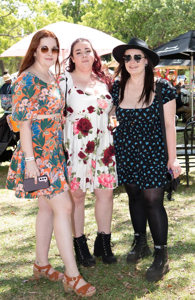 Charisma McDonald (left), Alana Haskins and Megan Wales, Toowoomba Carnival of Flowers Festival of Food and Wine, Saturday, September 14th, 2024. Picture: Bev Lacey