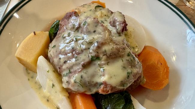 Corned beef cheek at McLaren Vale Hotel was a stellar meat dish, hailing back to traditional days of one meat and two veg. Picture: Simon Wilkinson