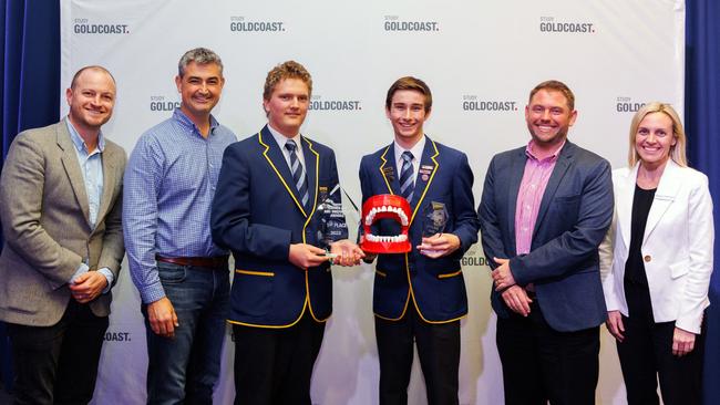 Ben Howe, Hermann Vorster, James Birt and Melissa Kitanobo with the winning team from Emmanuel College at The Mayor’s Technology and Innovation Awards. Picture: Supplied