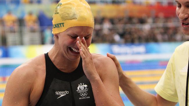 Libby Trickett and her coach Stephan Widmer after gold medal at the Beijing Olympics 2008.