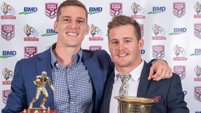 Mitch Cronin and Sam Scarlett taking home award from the Seagulls presentation night last year. Picture: Wynnum Manly Seagulls