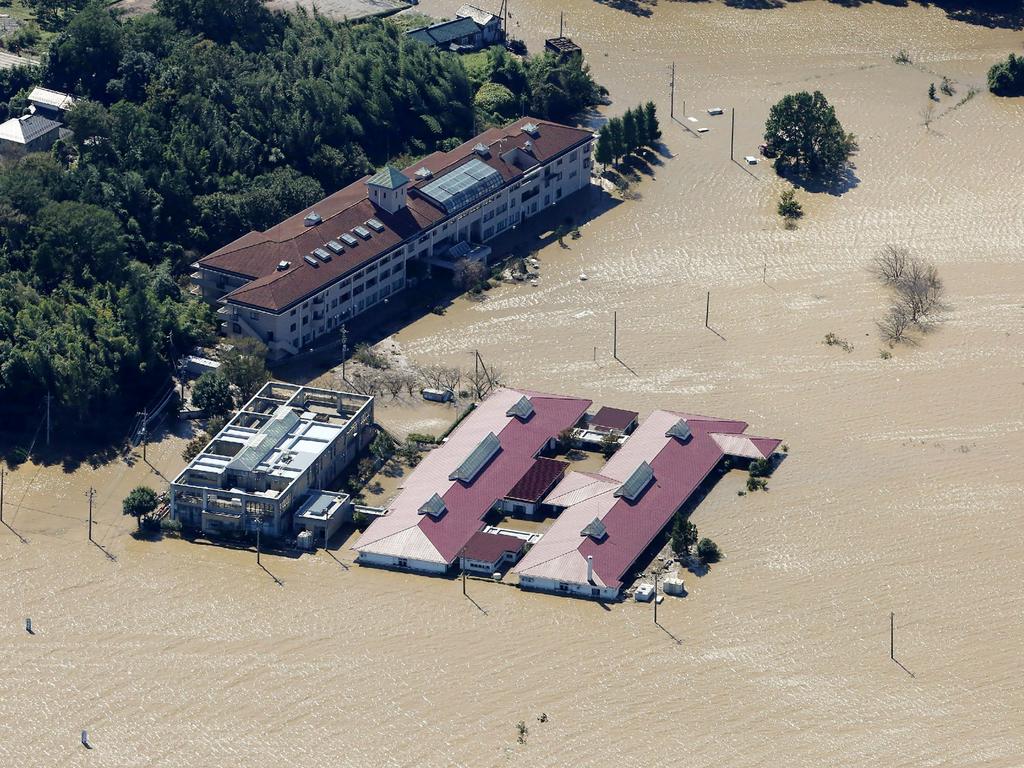 This aerial view shows the flooded Kawagoe Kings Garden nursing home besides the Oppegawa river in Kawagoe, Saitama prefecture. Picture: AFP/Japan OUT