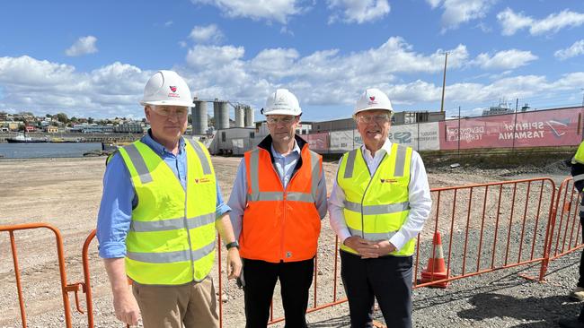 Premier Jeremy Rockliff, engineering and infrastructure experts Ben Moloney, and Transport Minister Eric Abetz. Picture: Simon McGuire.