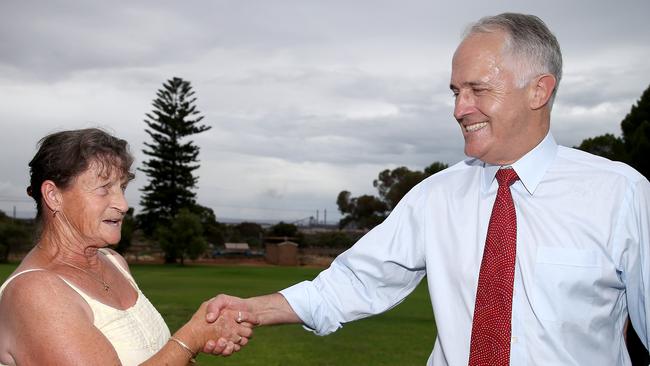 9/3/16 - Prime Minister Malcolm Turnbull visits Whyalla, talks to woman Raylene Mullins of Victor Harbourat his press conferance - pic Mike Burton