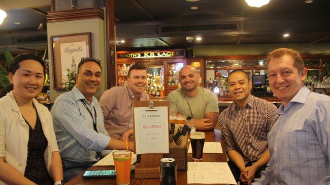 (L-R) Cindy, Amit, Andy, Cicero, Danny and David at The Edinburgh Castle, Sydney CBD.