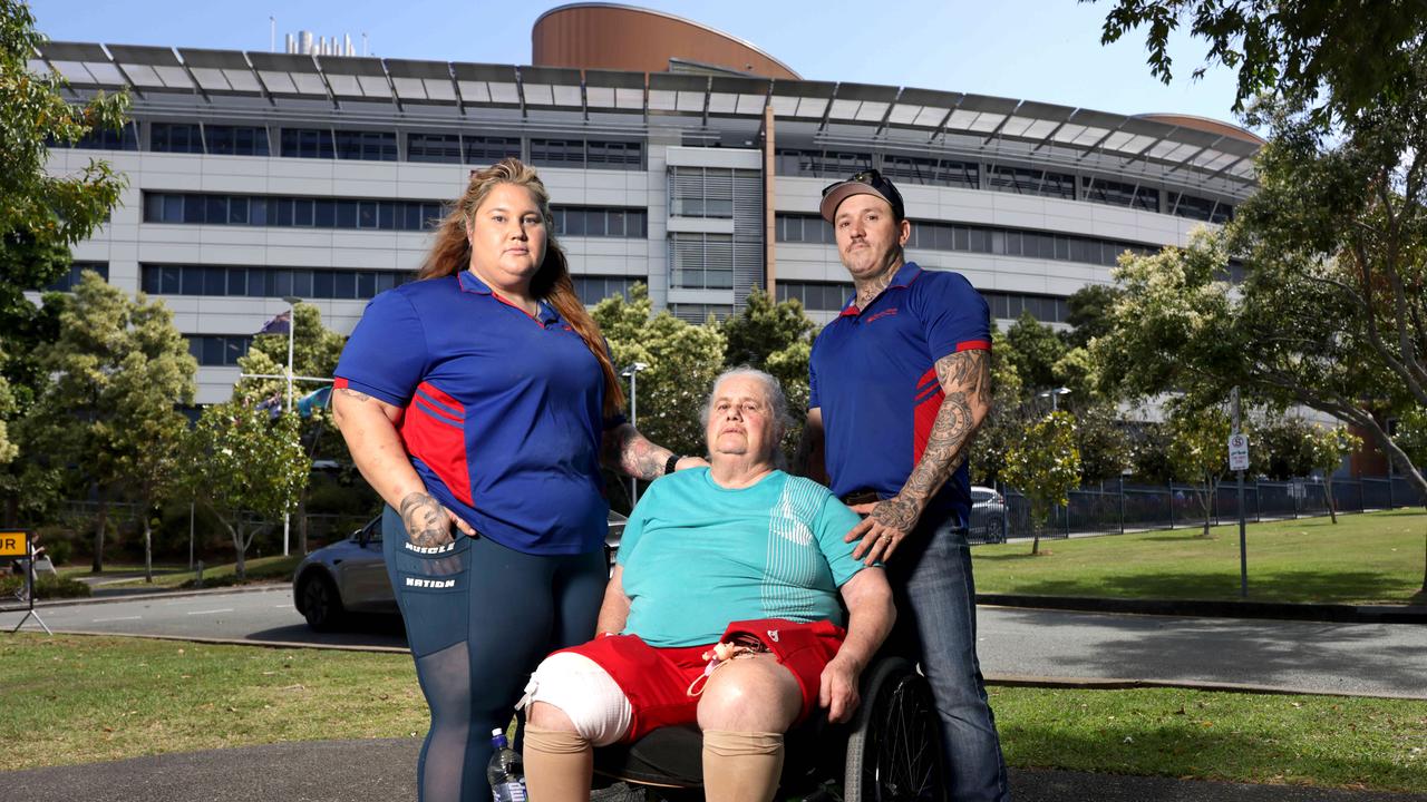 Nicole and Rob Blachut with mum Rosemary Blachut, PA Spinal Ward whistleblower, outside hospital at the main entrance, PA Hospital, Ipswich Rd, Woolloongabba. Photo Steve Pohlner