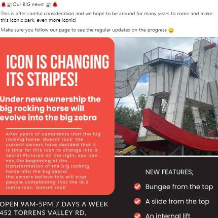 The Big Rocking Horse’s post on April 1 claiming a bungee and slide would be added to the Gumeracha attraction. Picture: The Big Rocking Horse