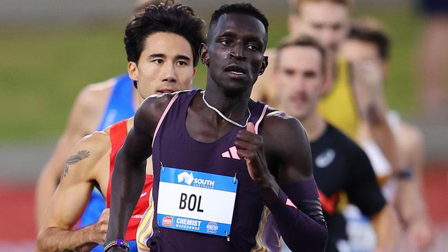 ADELAIDE, AUSTRALIA - APRIL 12: Heat 4 of the Mens 800m. Eventual winner Peter Bol of WA  during the 2024 Australian Athletics Championships at SA Athletics Stadium on April 12, 2024 in Adelaide, Australia. (Photo by Sarah Reed/Getty Images)