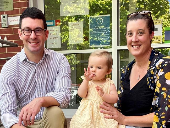 Member for Kavel Dan Cregan, baby Matilda and Chloe Head pictured out the front of the Mount Barker District Soldiers’ Memorial Hospital Maternity Ward. Picture: Supplied