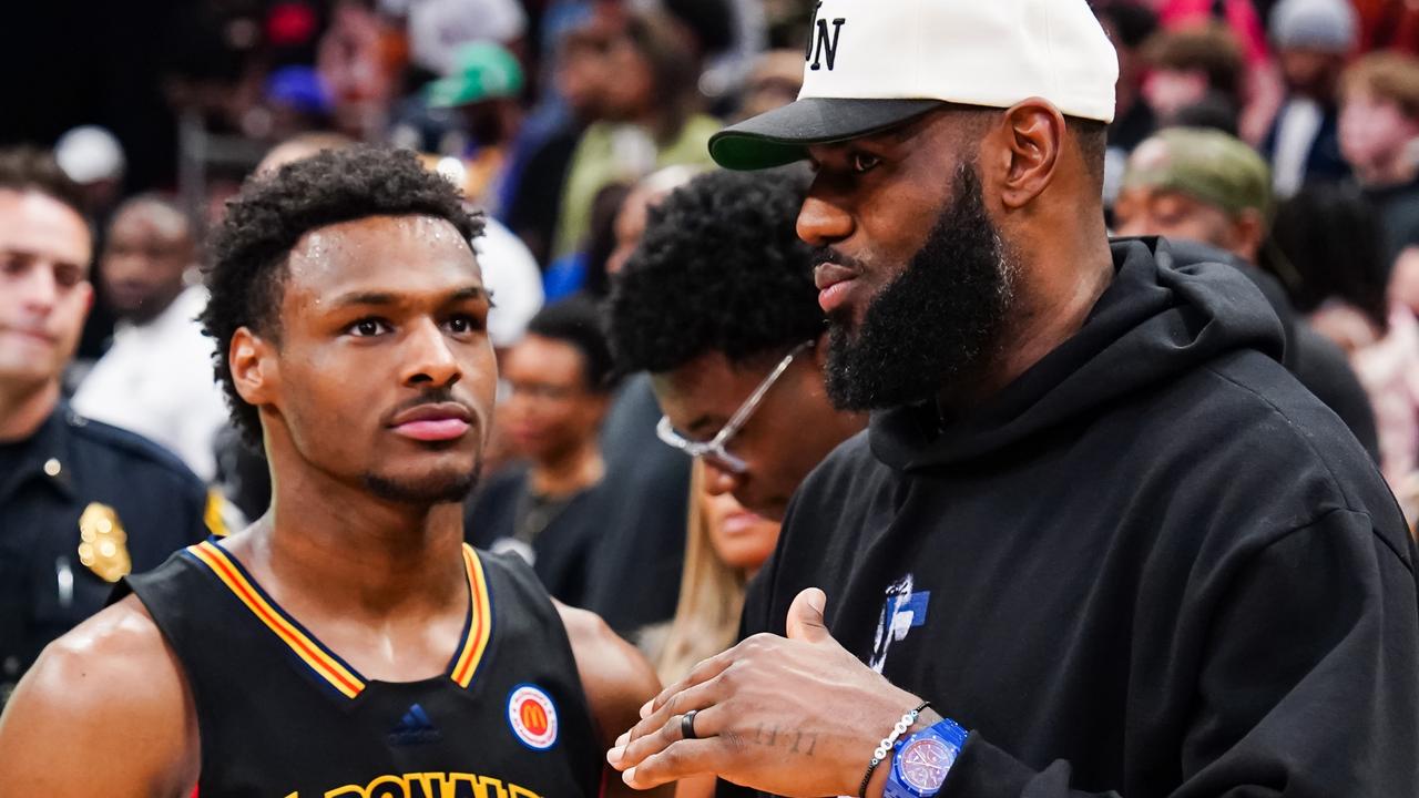 Bronny James, left, with his father LeBron. Picture: Alex Bierens de Haan/Getty Images
