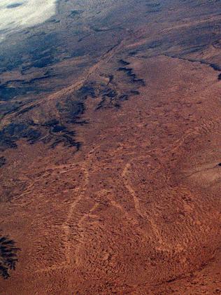 Aerial view of fading giant mystery drawing Marree Man in 2002.