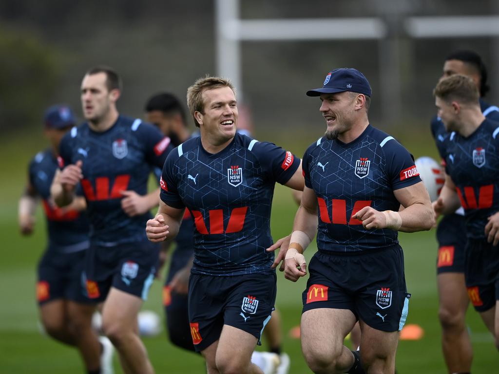 Jake Trbojevic and Angus Crichton share a laugh during a warm-up session on Saturday. Picture: NRL Imagery