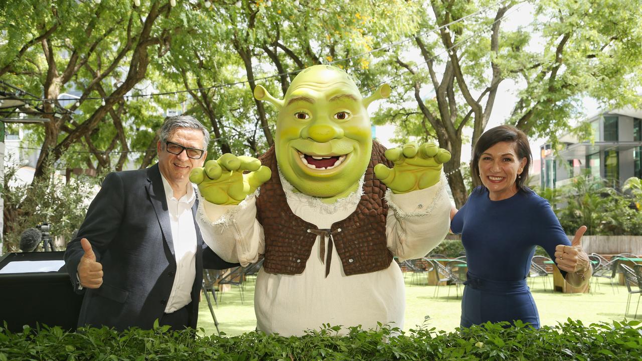 QPAC Chief Executive John Kotzas AND Minister for the Arts Leeanne Enoch with Shrek. Picture: Supplied