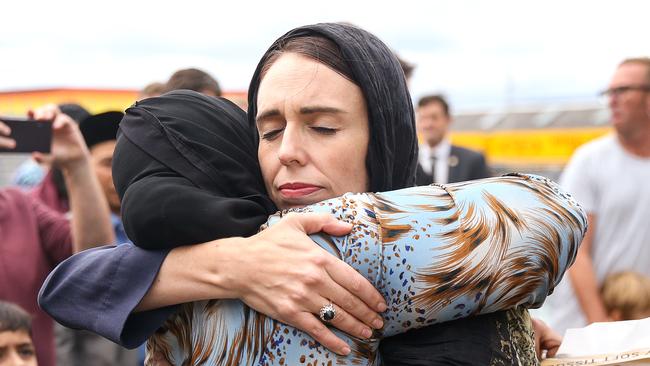 Prime Minister Jacinda Ardern hugs a mosque-goer in Wellington, New Zealand. Picture: Getty 