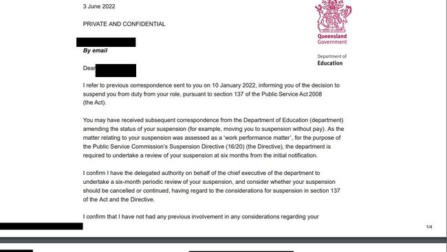 The letter to the suspended teacher from the Education Department claiming the suspension was for not complying with “lawful instructions” from employers.