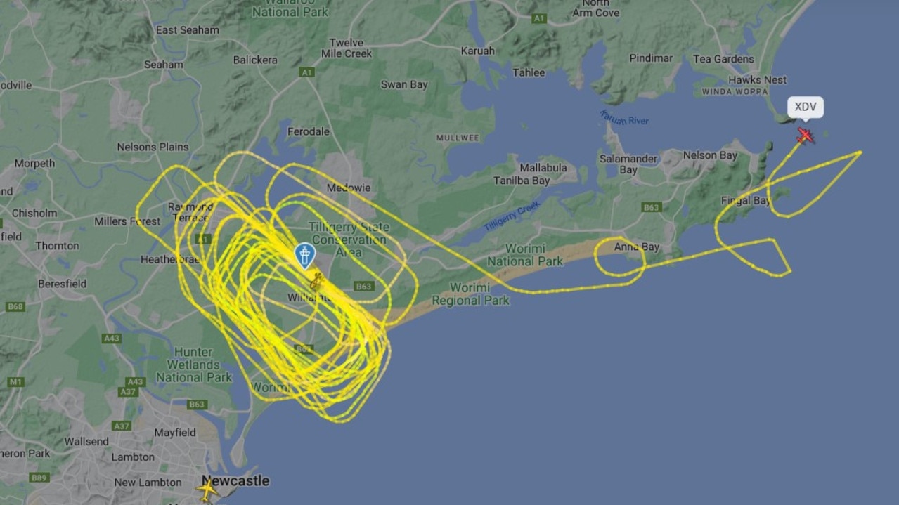 The Beech Super King Air plane headed out to sea before returning to land at RAAF Base Williamtown. Picture: FlightRadar24