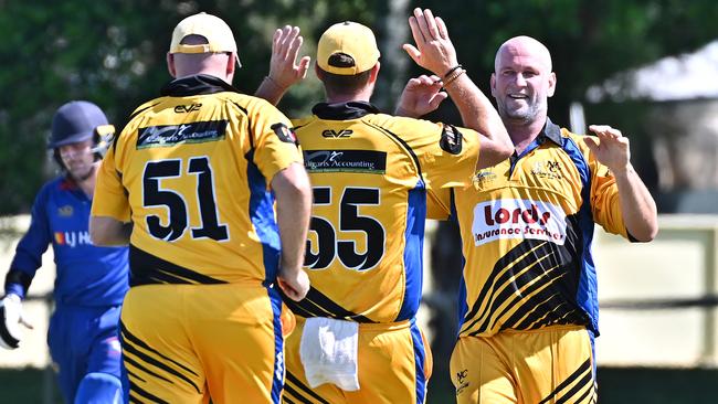 Linden March of the Norths celebrates taking a wicket. Picture Emily Barker.