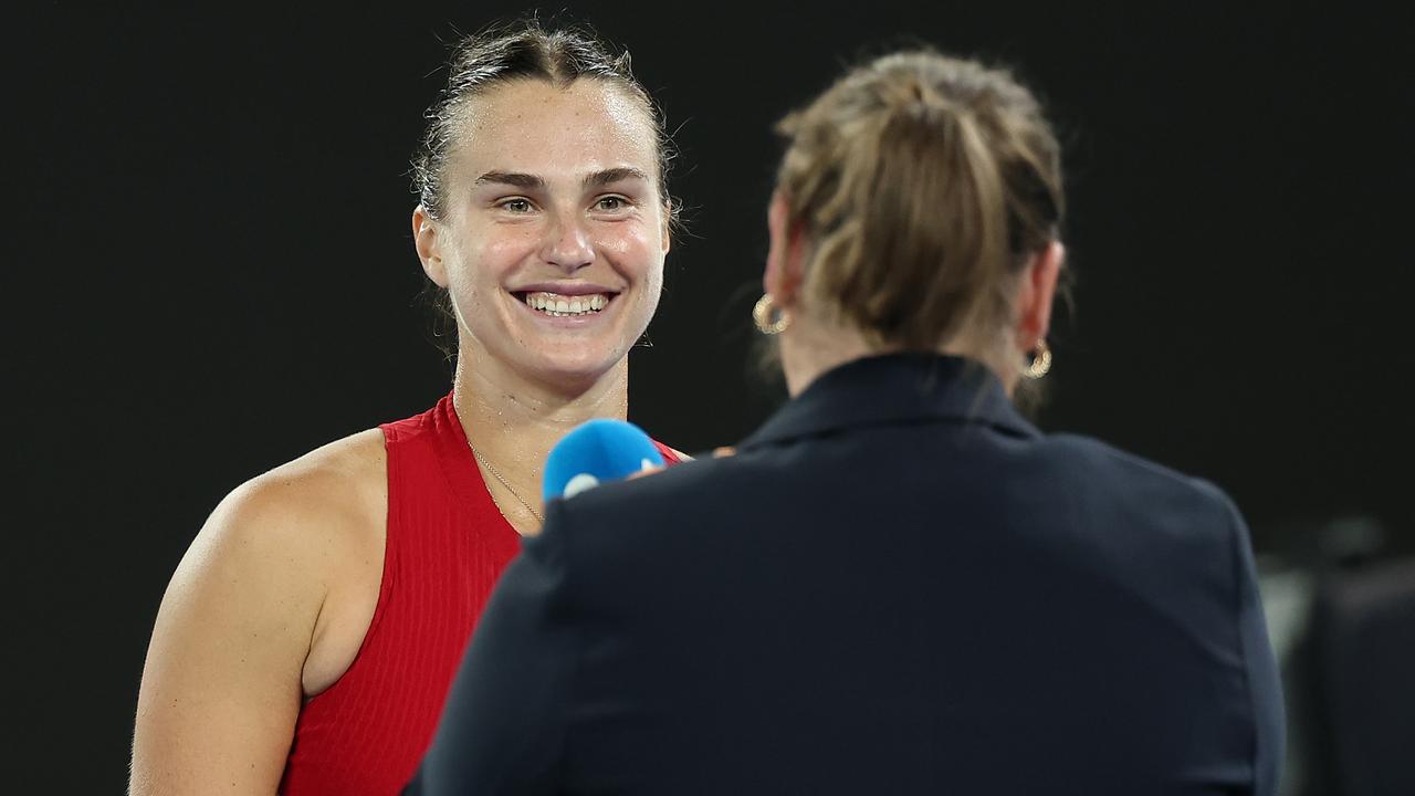 Aryna Sabalenka being interviewed by Dokic on Thursday. Picture: Getty Images