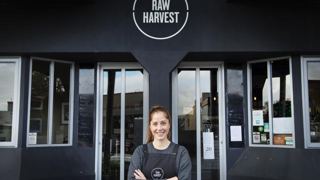 Shop front: Lizi Maskiell out the front of Raw Harvest in Newborough. Picture: Zoe Phillips