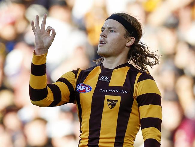 MELBOURNE , AUSTRALIA. April 7 , 2024.  AFL Gather Round. Round 4. Collingwood vs Hawthorn at the Adelaide Oval.   Jack Ginnivan of the Hawks celebrates a 1st quarter goal   . Pic: Michael Klein