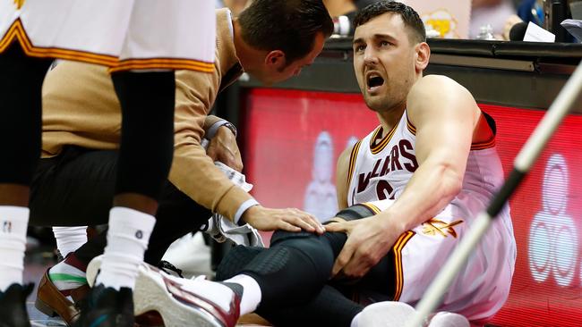 Andrew Bogut breaks his leg on debut for the Cleveland Cavaliers.