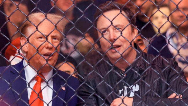 Donald Trump and Elon Musk watch a fight during UFC 309 at Madison Square Garden in New York on Saturday. Picture: AFP