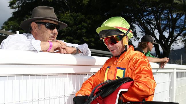 Stephen Wilson speaks with trainer Roy Chillemi after winning Race 4 on Bet On Love at Cannon Park, Woree. PICTURE: BRENDAN RADKE.