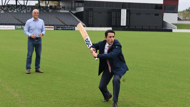 Mackay MP Nigel Dalton and Premier David Crisafulli displayed their cricket skills at Great Barrier Reef Arena following a press conference on Friday, May 30