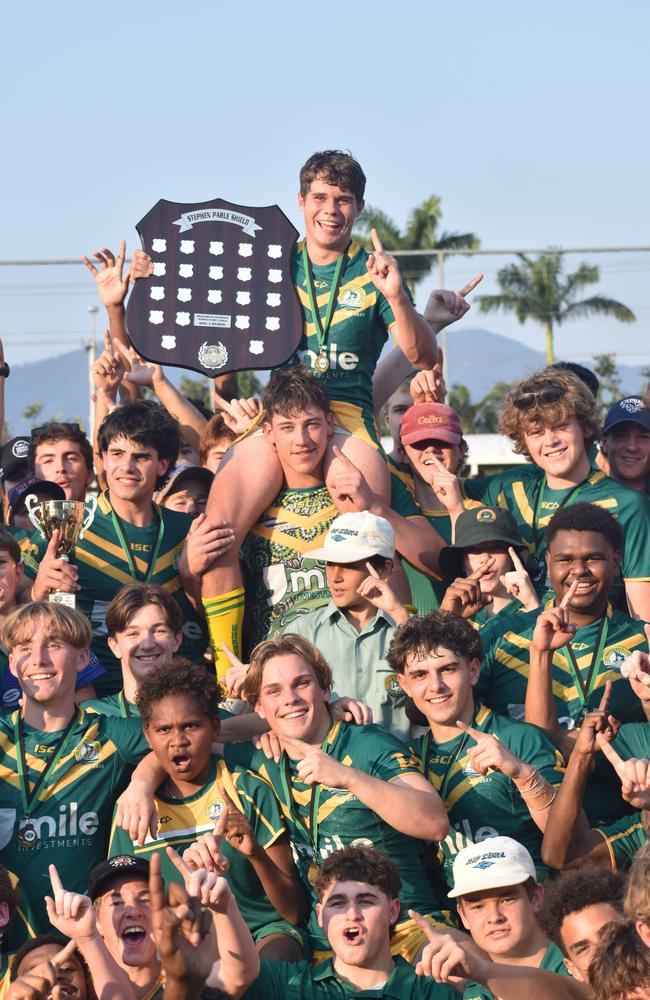 St Brendan’s celebrate their win in the Rockhampton District Secondary Schools Rugby League Open A grand final.