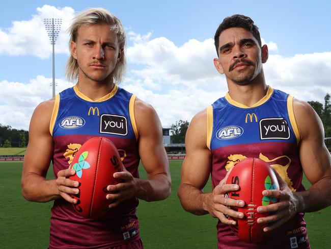 FOR COURIER MAIL 2025 AFL GUIDE.  **EMBARGOED** Brisbane Lions Kai Lohmann and Charlie Cameron, Springfield. Picture: Liam Kidston