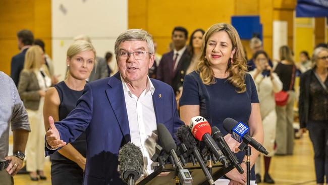 IOC President Thomas Bach and Former Queensland premier Annastacia Palaszczuk visiting Yeronga Park Sports Centre after the announcement of the 2032 Brisbane Games. Picture: Richard Walker